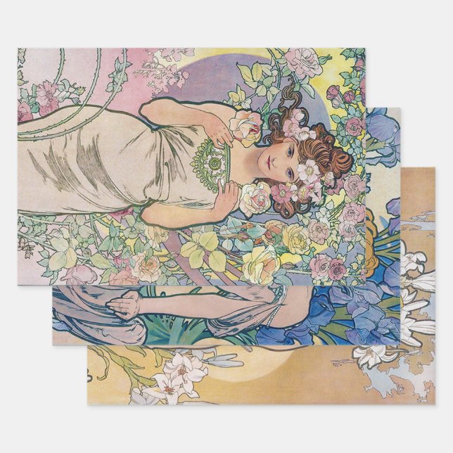 Hoja De Papel De Regalo Alphonse Mucha, Flores (Set)