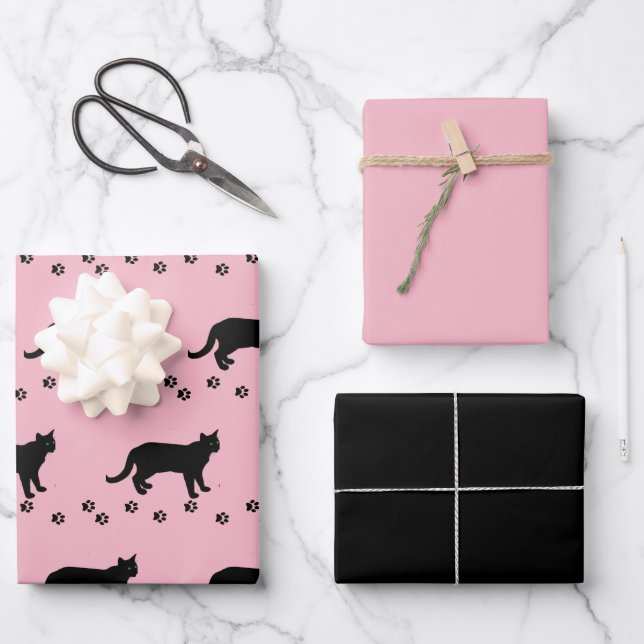 Hoja De Papel De Regalo Ama a tu gato rosa y negro gato (Anverso)