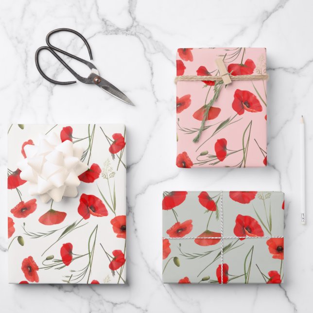 Hoja De Papel De Regalo Amapola Roja Elegante y Floral Verde en Acuarela (Anverso)