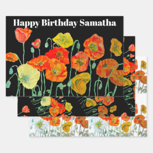Hoja De Papel De Regalo Amapola Roja Naranja Flor Acuarela Cumpleaños de M