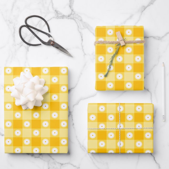 Hoja De Papel De Regalo Amarillo Floreado a Cuadros (Anverso)