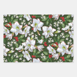 Hoja De Papel De Regalo Amaryllis, Holly y palomas