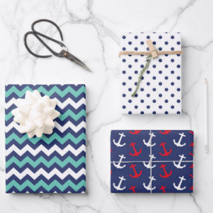 Hoja De Papel De Regalo Anchores de la Marina Náutica Cutan Polka Dot Zig