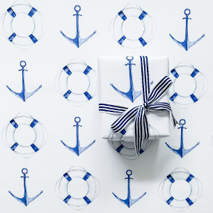 Hoja De Papel De Regalo Ancla azul de vela y aro salvavidas náutico