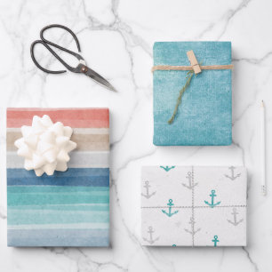 Hoja De Papel De Regalo Anclajes de franja acuática náutica se mezclan en 