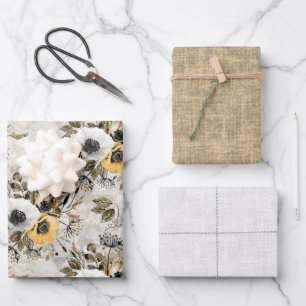 Hoja De Papel De Regalo Anemones blancos, amarillos sobre fondo gris-marró