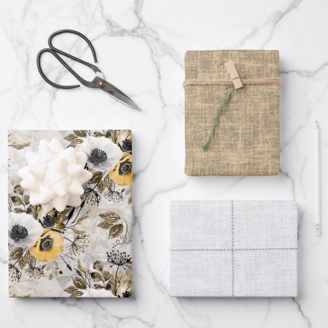 Hoja De Papel De Regalo Anemones blancos, amarillos sobre fondo gris-marró (Anverso)