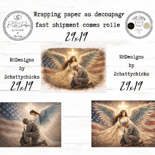 Hoja De Papel De Regalo Ángel Patriótico Con Soldado Arrodillado Decoupage