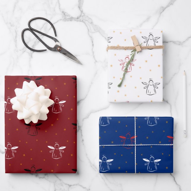 Hoja De Papel De Regalo ángeles navidades sobre rojo, azul y blanco (Anverso)