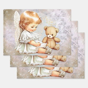 Hoja De Papel De Regalo Angelito y Oso de Peluche Acuarela