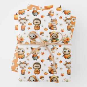 Hoja De Papel De Regalo Animales adorables del bosque, calabazas, margarit