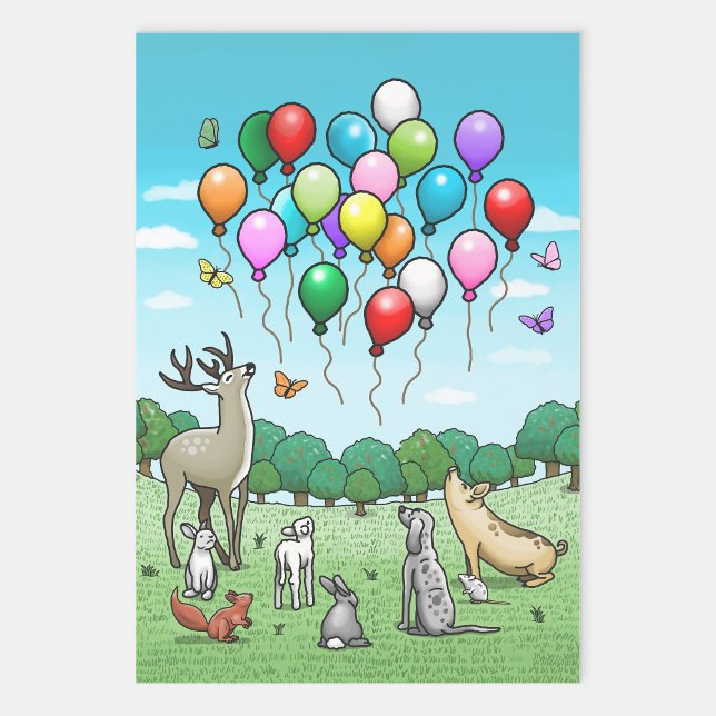 Hoja De Papel De Regalo Animales con globos de cumpleaños (Subido por el creador)