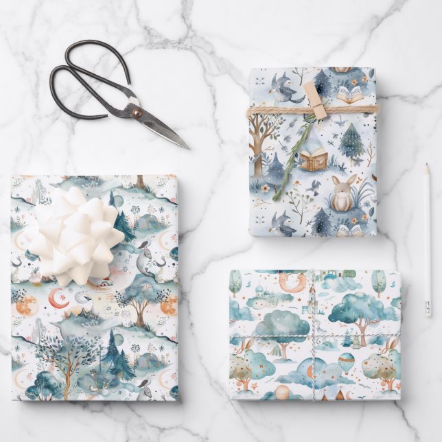 Hoja De Papel De Regalo Animales de Bosque Encantado Azul (Anverso)