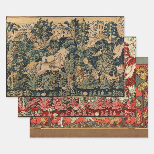 Hoja De Papel De Regalo ANIMALES DE FANTASÍA, CABALLOS, Flor Azul Rojo DE  (Set)