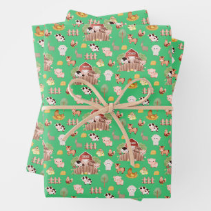 Hoja De Papel De Regalo Animales de granja en verde