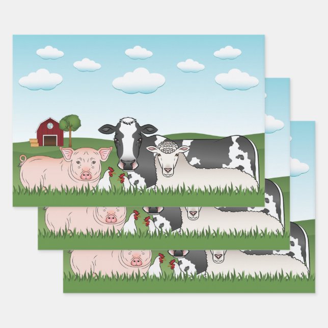 Hoja De Papel De Regalo Animales De Granja personalizado Con Grasa Verde Y (Set)