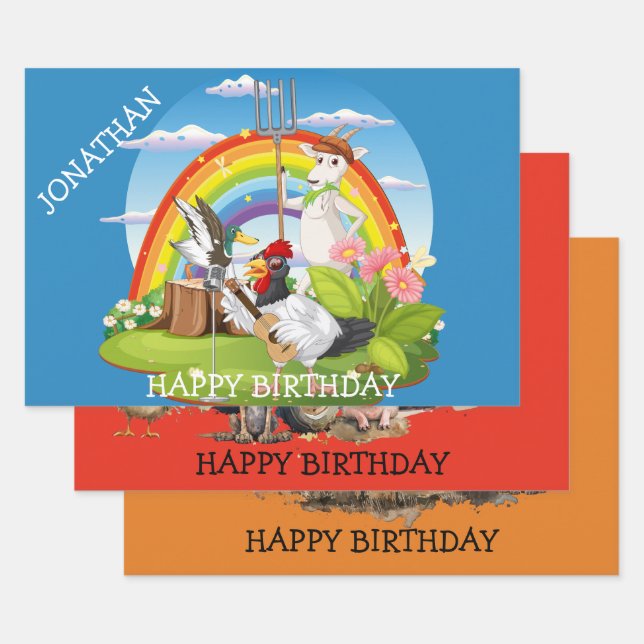 Hoja De Papel De Regalo Animales de granja personalizados. Editable x 3 (Set)