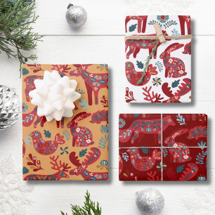 Hoja De Papel De Regalo Animales del Bosque Arte Popular Escandinavo Navid