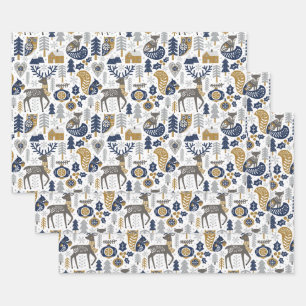 Hoja De Papel De Regalo Animales del Bosque Escandinavo Copos de Nieve Nav