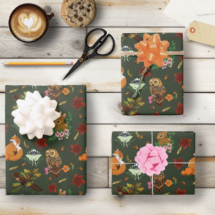 Hoja De Papel De Regalo Animales del bosque otoñal patrón verde