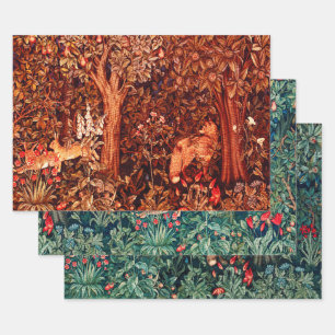 Hoja De Papel De Regalo ANIMALES FORESTALES, Fox y Hares Floral Verde Rojo