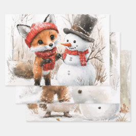 Hoja De Papel De Regalo Animales forestales y Snowman