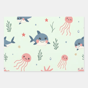 Hoja De Papel De Regalo Animales oceánicos Cute Kawaii Pastel
