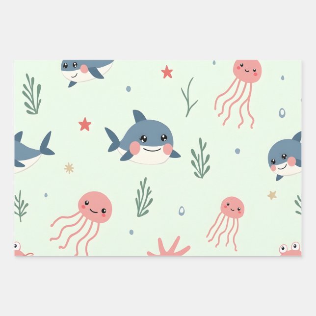 Hoja De Papel De Regalo Animales oceánicos Cute Kawaii Pastel (Anverso)
