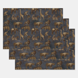 Hoja De Papel De Regalo Animales Safari en azul oscuro