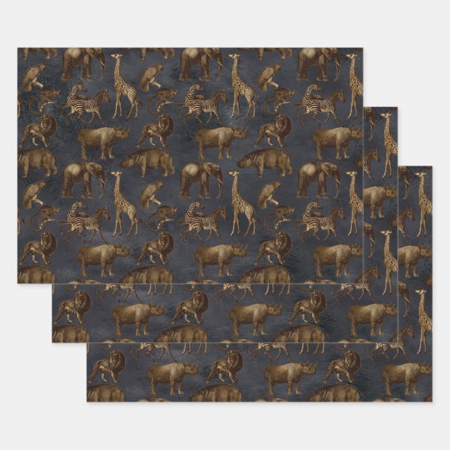 Hoja De Papel De Regalo Animales Safari en azul oscuro (Set)