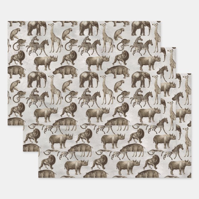 Hoja De Papel De Regalo Animales Safari en gris claro (Set)