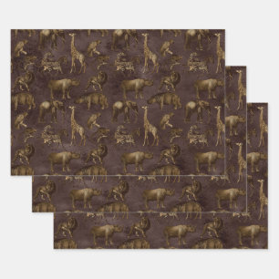 Hoja De Papel De Regalo Animales Safari en marrón oscuro