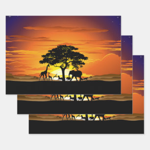 Hoja De Papel De Regalo Animales salvajes al atardecer en la sabana africa