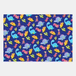 Hoja De Papel De Regalo Aniversario de los dinosaurios azul, amarillo y pú