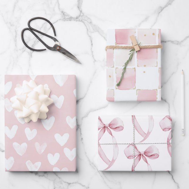 Hoja De Papel De Regalo Aniversario del Corazón Blanco Rosa Girly (Anverso)