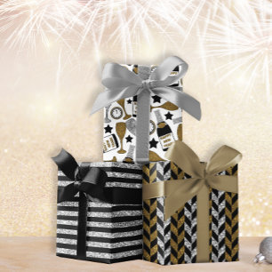 Hoja De Papel De Regalo Año Nuevo oro, negro y plata de 3 años