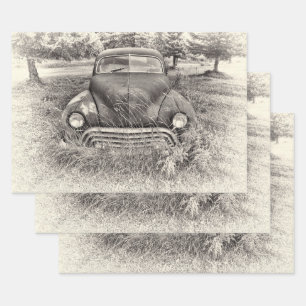Hoja De Papel De Regalo Antiguo Coche Vintage Rústico Blanco Y Negro