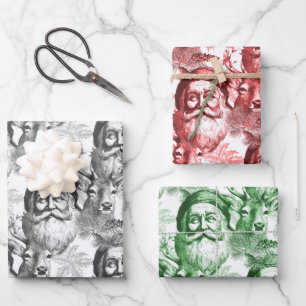 Hoja De Papel De Regalo Antiguo Lithógrafo De Moda Santa Y Reno