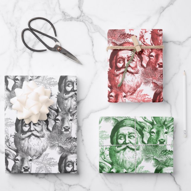 Hoja De Papel De Regalo Antiguo Lithógrafo De Moda Santa Y Reno (Anverso)