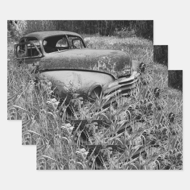 Hoja De Papel De Regalo Antiguo Viejo De Coche Blanco Y Negro Rústico Vint (Set)