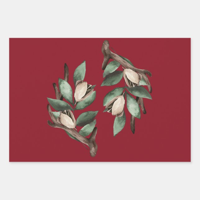 Hoja De Papel De Regalo Antler con rama verde (Anverso)