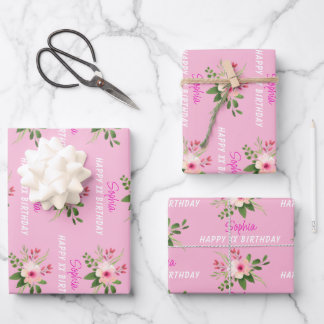 Hoja De Papel De Regalo Any Birthday, Name, Pink Watercolor Flower