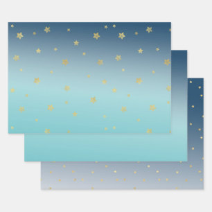 Hoja De Papel De Regalo Aqua Blue Gold Stars
