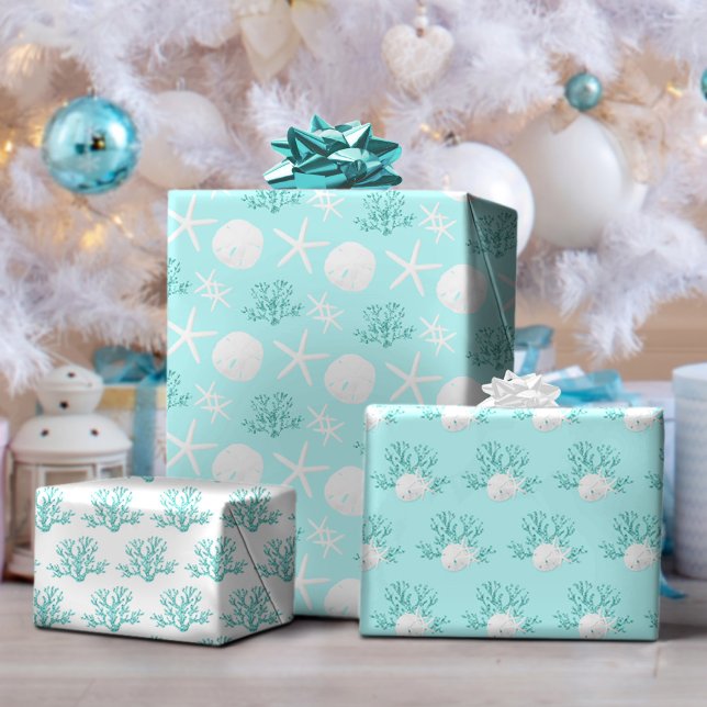 Hoja De Papel De Regalo Aqua Blue Navidades Beach Starfish Sand Dollar (Subido por el creador)