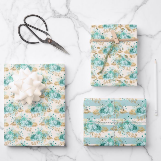 Hoja De Papel De Regalo Aqua Cream Gold Floral (Anverso)