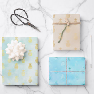 Hoja De Papel De Regalo Aqua Gold Glam Tropical Pineápoles