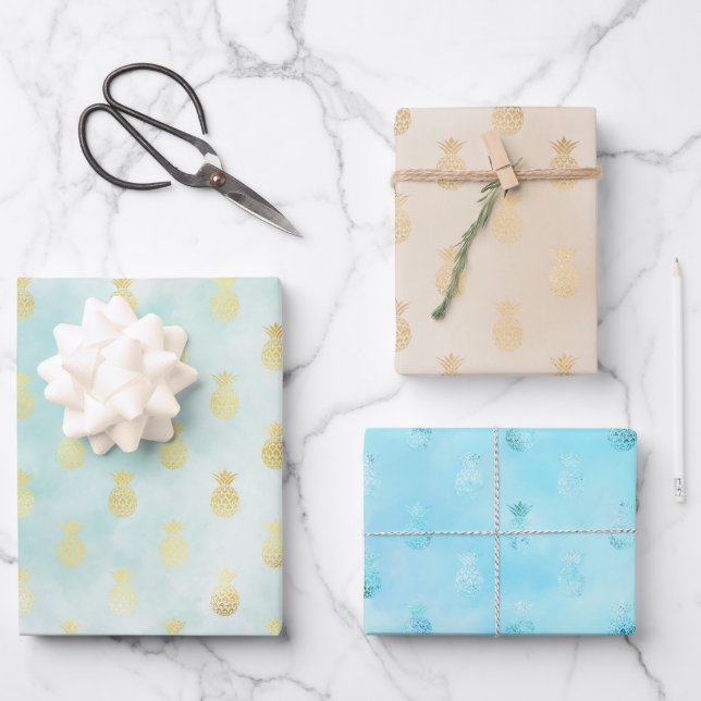 Hoja De Papel De Regalo Aqua Gold Glam Tropical Pineápoles (Anverso)
