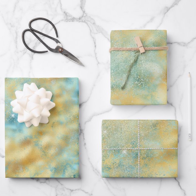 Hoja De Papel De Regalo Aqua Gold Glitz Sparkle (Anverso)