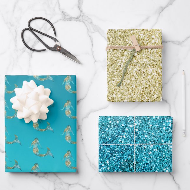 Hoja De Papel De Regalo Aqua Gold Purpurina Sparkle Mermaid (Anverso)