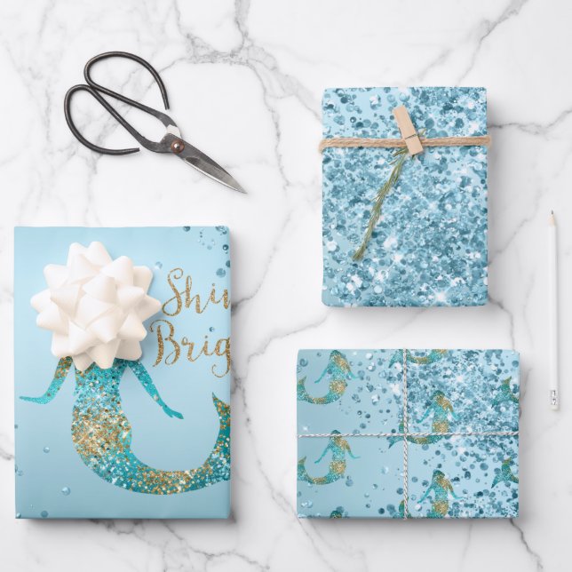 Hoja De Papel De Regalo Aqua Ombre Purpurina de oro Sparkle Mermaid  (Anverso)